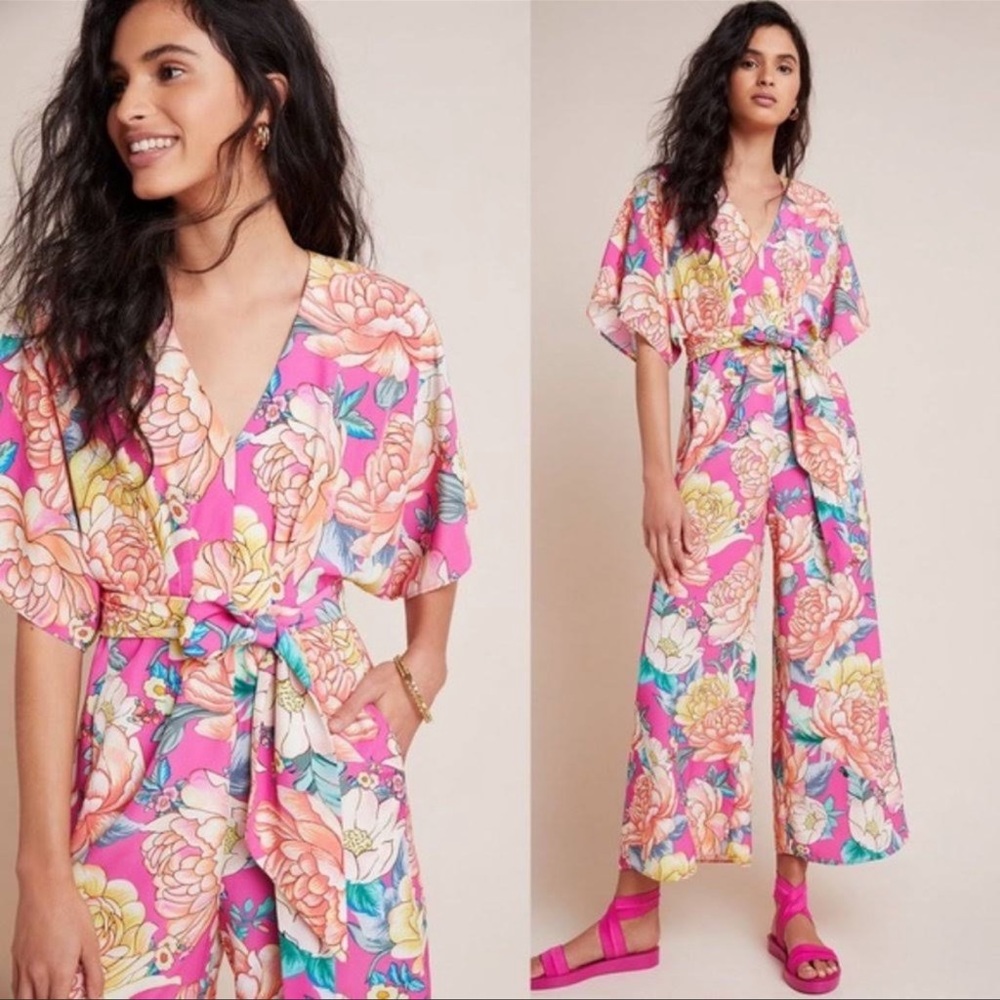 NWT Farm Rio Eulalie Floral Pink Jumpsuit Wide Leg Pockets V Neck Crop Sz S - Picture 1 of 10